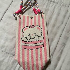Cute Pink and Cream Striped Bag with Bear Design and straps
